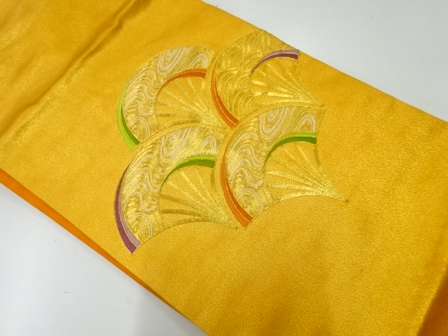 JAPANESE KIMONO / VINTAGE NAGOYA OBI / SILK / EMBROIDERY / FOLDING FAN & SEIGAIHA